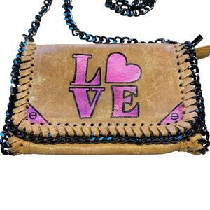 Italian tan leather LOVE graphic crossbody chain strap handbag purse